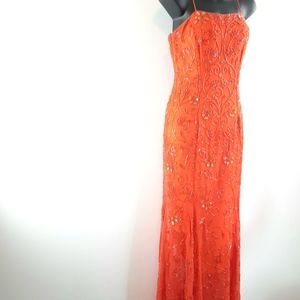 ❤️ Vintage Luxury  Elegant Orange Beaded Long evening Gown Size Small